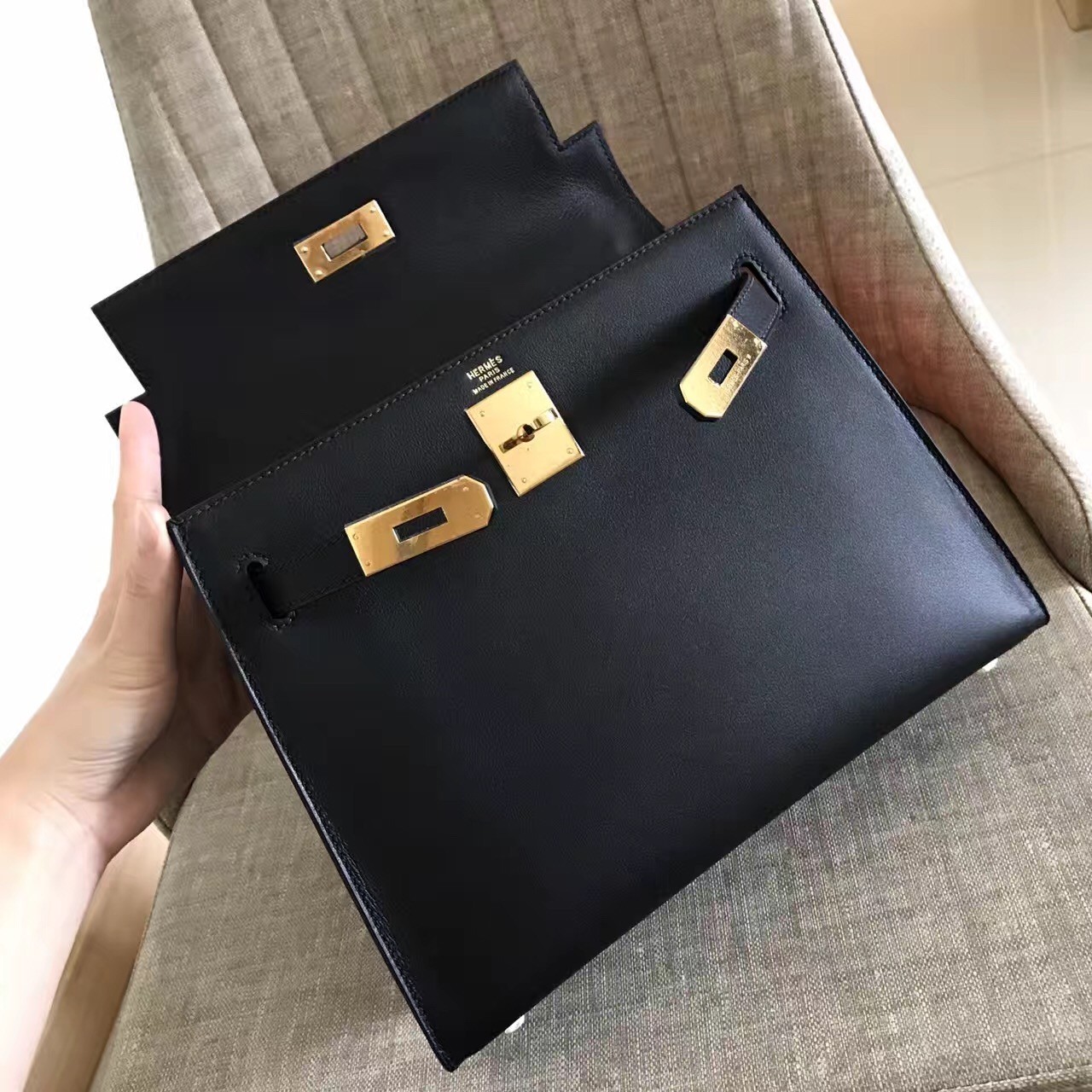 Hermes Black Swift Kelly Sellier 28cm Handmade Bag