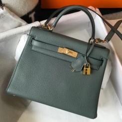 Replica Hermes Kelly 28cm Bag In Vert Criquet Epsom Leather GHW