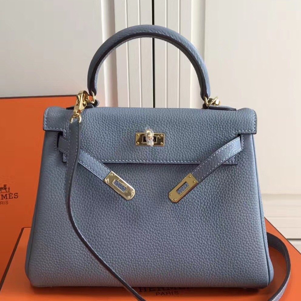 Hermes Blue Lin Clemence Kelly 25cm GHW Bag QY00613 | Hermes Kelly Bags
