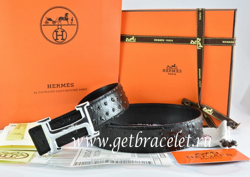 Hermes Reversible Belt Black/Black Ostrich Stripe Leather With 18K ...